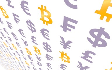 Bitcoin and currency on a white background
