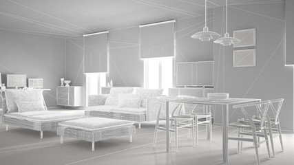 Abstract architecture interior design, modern living room, wireframe highpoly mesh construction, white background