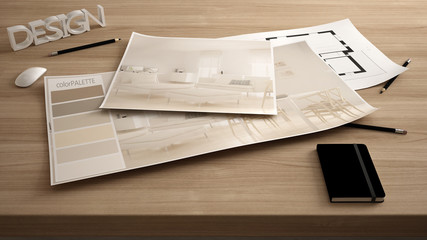 Architect designer concept, table close up with interior renovation draft, plan and color palette, project idea background, modern living room