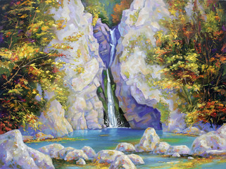  Autumn landscape with a waterfall on the river Agura. Painting: canvas, oil. Author: Nikolay Sivenkov.
