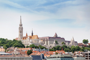 View of Buda Castle with St. Matthias cathedral and Fishermen's Bastion in Budapest