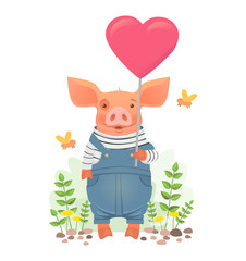 Cute pig holding heart