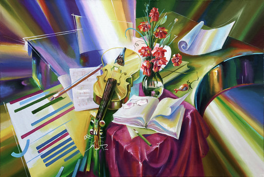  An oil painting on canvas. Enlightenment of the composer. Still life in bright and juicy colors.