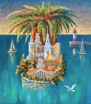  An oil painting on canvas. Sochi is a city of palm tree, the architectural image of sights. Author: Nikolay Sivenkov.