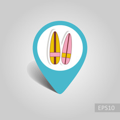 Surfboard pin map icon. Summer. Vacation