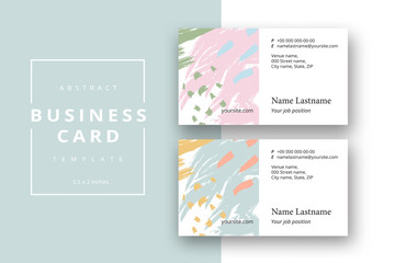 Trendy minimal abstract business card template with brush strokes. Modern corporate stationery id layout with geometric pattern. Vector fashion background design with information sample name text.
