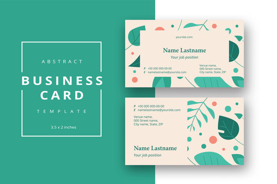 Trendy minimal abstract business card template on foliage layout. Modern corporate stationery id  with forest leaves. Vector fashion green background design with information sample name text.