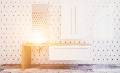 Spacious bathroom, clean, beautiful, luxurious, bright room. 3D rendering. Sunset