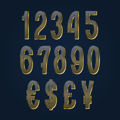 Golden numbers with currency signs. Striped vector symbols.