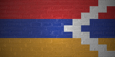 Flag of the Republic of Artsakh on brick wall background, 3d illustration
