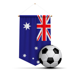 Australia flag cloth hanging banner with soccer ball. 3D Rendering