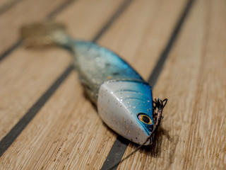 Artificial blue color fishing bait tackle closeup.