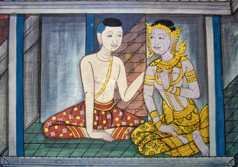 Fototapeta premium Painting of a man and women in a buddhistic in Bangkok, Thailand