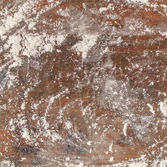 Baking flour on rustic wooden table, top view.  White wheat flour with free text copy space. Recipe concept .