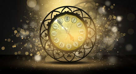 Clock vintage on an abstract background bokeh, neon, fulfillment of desires, magic of time
