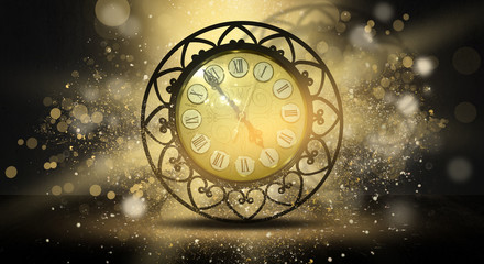 Clock vintage on an abstract background bokeh, neon, fulfillment of desires, magic of time