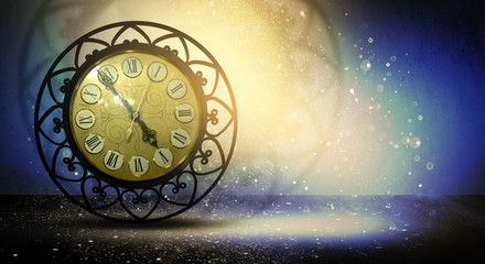 Clock vintage on an abstract background bokeh, neon, fulfillment of desires, magic of time