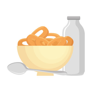 cereal dish with spoon and milk bottle vector illustration design