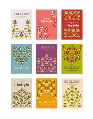 Fototapeta na wymiar Ecology lifestyle cards set, ecological templates for poster, banner, flyer, invitation, brochure vector illustrations
