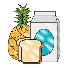 milk box with bread and fruit vector illustration design