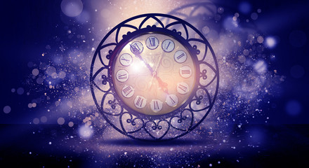 Clock vintage on an abstract background bokeh, neon, fulfillment of desires, magic of time
