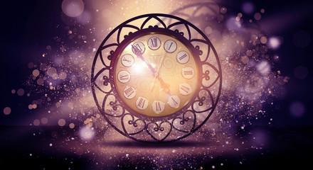 Clock vintage on an abstract background bokeh, neon, fulfillment of desires, magic of time