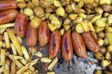Fried potatoes and sausages.