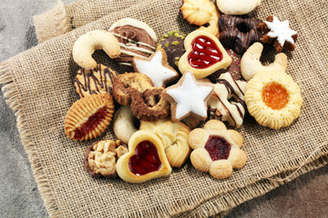 Mixed Christmas cookies. Colorful mix of Christmas-themed decorated cookies