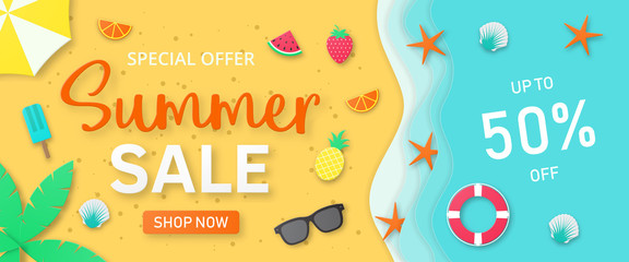 Summer sale background for banner, flyer, invitation, poster, web site or greeting card. Paper cut style, vector illustration