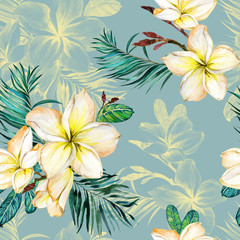 Yellow plumeria flowers and exotic palm leaves on light blue background. Seamless tropical pattern. Watercolor painting. Hand painted floral illustration.