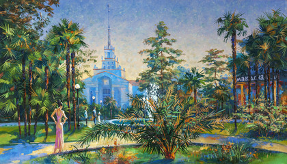 Green park near the seaport of Sochi. Landscape in the center of the city. Painting: canvas, oil. Author: Nikolay Sivenkov.