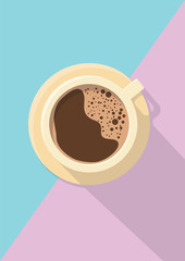 Empty coffee cup on blue background with pink, copy space,