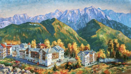 Wall murals Green Blue  Autumn in the mountains of Krasnaya Polyana. Mountain landscape of the ski resort of Rosa Khutor. Painting: canvas, oil. Author: Nikolay Sivenkov.