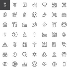 Religion elements outline icons set. linear style symbols collection, line signs pack. vector graphics. Set includes icons as Angel, Cross, Holy Bible Book, Rosary beads, Mosque, Church, David star