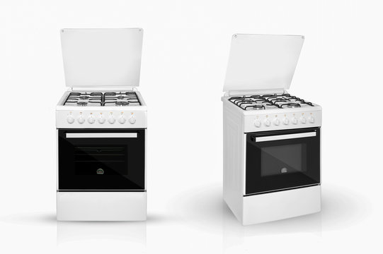 modern household kitchen oven in two review provisions on a white background. kitchen appliances. Isolated