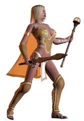 Obraz premium Fantasy warrior girl, armed with sword, white background, 3d illustration