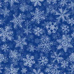 Fototapeta na wymiar Christmas seamless pattern of many layers of snowflakes of different shapes, sizes and transparency. White on blue background