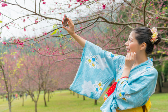 Asian woman take selfie under the cherry tree