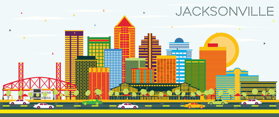 Jacksonville Florida Skyline with Color Buildings and Blue Sky.