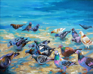  An oil painting on canvas. Beach pigeons on the Black Sea coast. Author: Nikolay Sivenkov