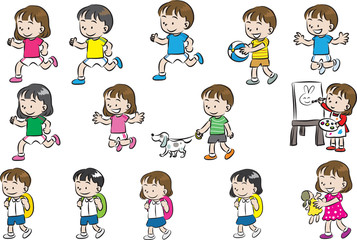 school boys and girls cartoon vector set