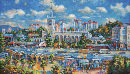  An oil painting on canvas. Sochi railway station, architectural landscape of the beloved city of Sochi. Author: Nikolay Sivenkov.