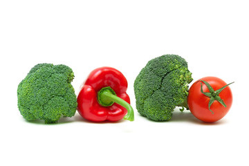 broccoli, sweet pepper and tomato on a white background