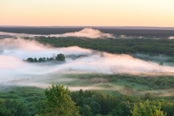 dense fog creeps over the trees near the river at dawn
