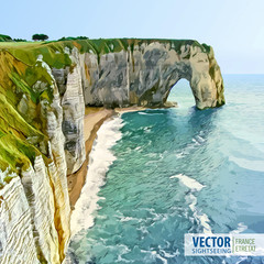 Spectacular natural cliffs Aval of Etretat and beautiful coastline. Northern France, Normandy, Europe. Stone arch. Landscape. Vector illustration. - obrazy, fototapety, plakaty