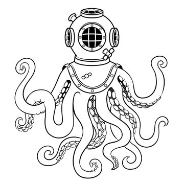 Octopus and old diver helmet coloring vector