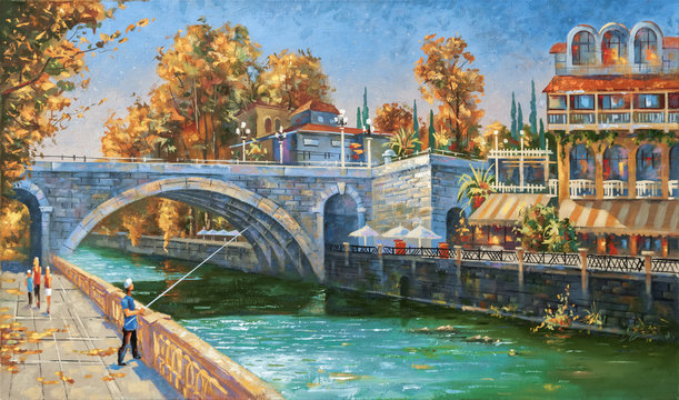 Oil painting on canvas. Fisherman on the embankment of the river Sochi, autumn, the architectural landscape of beloved city. Author: Nikolay Sivenkov.