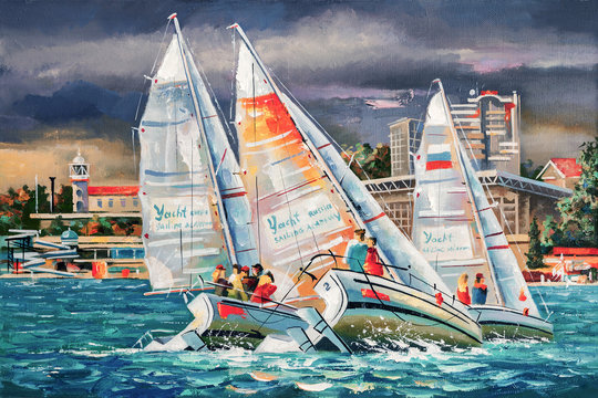 An oil painting on canvas. Regatta on the background of the city of Sochi on a cloudy day. Author: Nikolay Sivenkov.