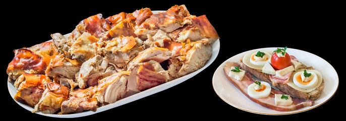 Plateful of Spit Roasted Pork Meat with Cheese Bacon and Eggs Slices Gourmet Sandwich Isolated on...