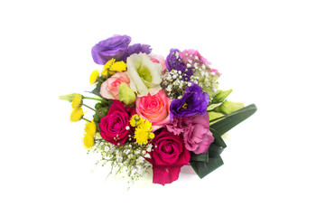flower arrangement with roses, freesias in a pot on a white background
